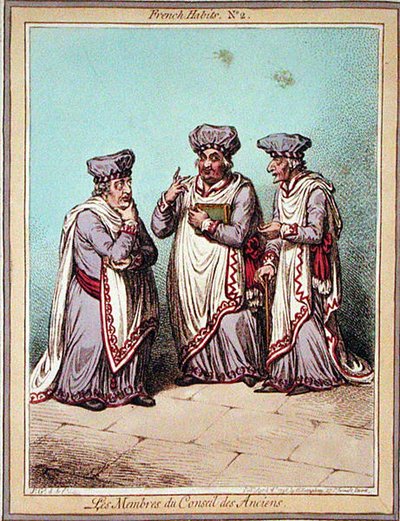 Les Membres du Conseil des Anciens, placa 2 de "French Habits", publicado por Hannah Humphrey em 1798 (gravura colorida) de James Gillray