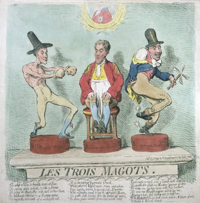 Les Trois Magots, publicado por Hannah Humphrey em 1791 (gravura à mão colorida) de James Gillray