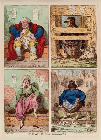 Conveniência nacional. (descrição e comparação de casas de banho em Inglaterra, Escócia, França e Holanda). Obra de James Gillray (1757-1815), gravura e aguarela de James Gillray