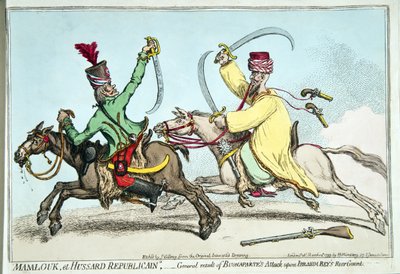 Mamlouk e Hussard Republicain, ou Resultado Geral do Ataque de Bonaparte à Guarda Traseira de Ibrahim Bey, publicado por Hannah Humphrey em 1799 (gravura à mão colorida) de James Gillray