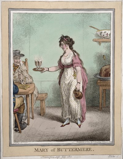 Maria de Buttermere, esboçada da vida em julho de 1800, publicada por Hannah Humphrey em 1802 (gravura à mão colorida) de James Gillray