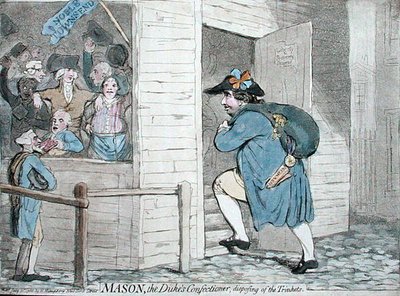 Mason, a Confeitaria do Duque, publicada por Hannah Humphrey em 1788 (gravura colorida à mão) de James Gillray