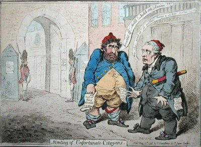 Encontro de Citoyens Infelizes, publicado por Hannah Humphrey em 1798 (gravura colorida à mão) de James Gillray