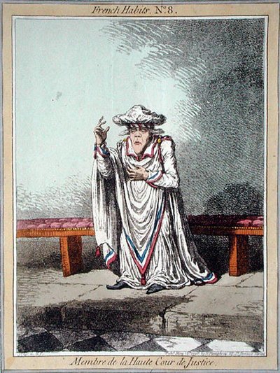 Membro do Alto Tribunal de Justiça, placa 8 de "Hábitos Franceses" publicada por Hannah Humphrey em 1798 (gravura colorida) de James Gillray