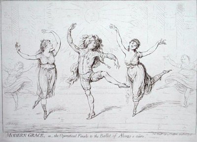 Modern Grace, ou o Final Operatical Finale to the Ballet of Alonzo e caro, publicado por Hannah Humphrey em 1796 (caneta e tinta sobre papel) de James Gillray