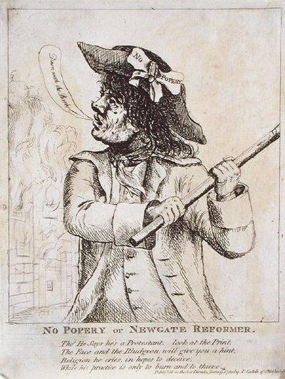 No Popery, ou Reformador Newgate: possivelmente Ned Dennis usando um favor "No Popery" em seu chapéu com Newgate Prison em chamas atrás de James Gillray