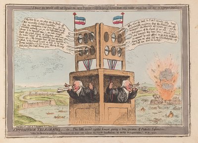 Telégrafos da oposição, ou o pequeno advogado de visão secundária dando um verdadeiro exemplar de Informação Patriótica, pub. 1798 (gravura colorida à mão) de James Gillray