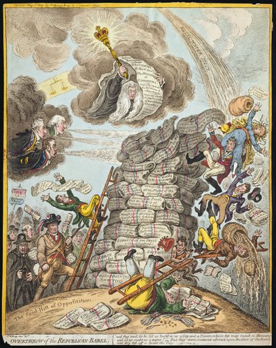 Derrubada da Babel Republicana, publicada por Hannah Humphrey em 1809 (gravura à mão colorida) de James Gillray