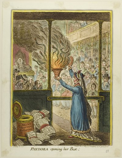 Pandora abre a sua caixa de James Gillray