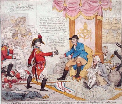 Regresso vitorioso de Pantagruel à corte de Gargantua depois de ter extirpado os Soup-Meagres da Terra de Bouaille, publicado por Hannah Humphrey em 1794 (gravura colorida à mão) de James Gillray
