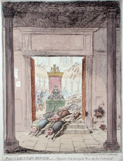 Reforma Parlamentar, ou Ratos da Oposição que deixaram a Casa que tinham sido Suberminados, publicado por Hannah Humphrey em 1797 (gravura colorida à mão) de James Gillray