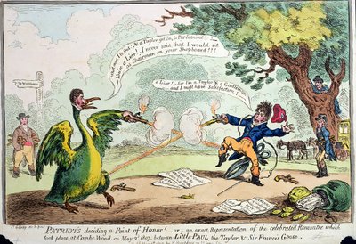 Patriotas que decidem um ponto de honra! ou Uma representação exata do Rencontre que ocorreu em Coombe Wood em 2 de maio de 1807 entre Little Paul the Taylor e Sir Francis Goose, publicado por Hannah de James Gillray