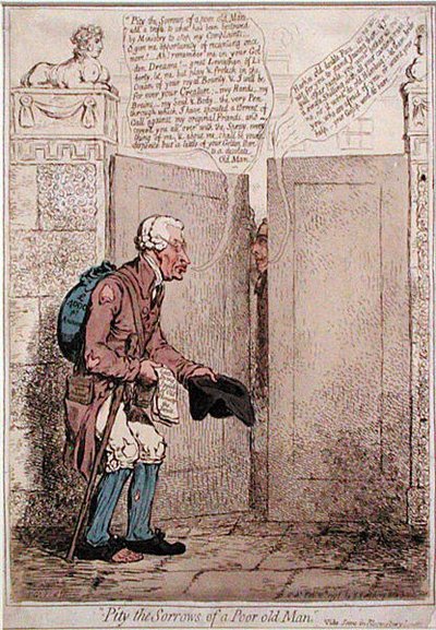 Pity the Sorrows of a Poor Old Man, publicado por Hannah Humphrey em 1796 (gravura colorida à mão) de James Gillray