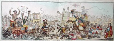 Lançamento às Eleições: uma cena no caminho para Brentford, publicado por Hannah Humphrey em 1806 (gravura colorida à mão) de James Gillray
