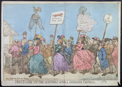 Procissão para o Hustings após uma campanha bem sucedida, publicada por G. Humphrey em 1784 (gravura à mão colorida) de James Gillray