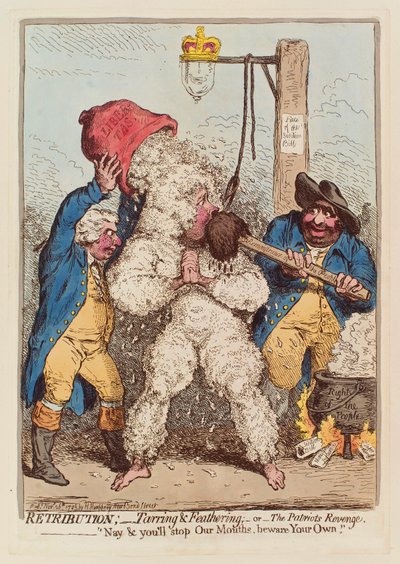 Retribuição: Tarring and Feathering, ou "A Vingança do Patriota", pub. 1795 de James Gillray