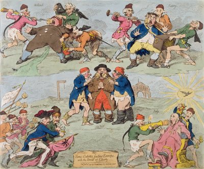 Sans-Culottes Alimentando a Europa com o Pão da Liberdade, publicado por Hannah Humphrey em 1793 (gravura à mão colorida) de James Gillray