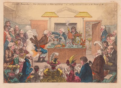 Pesquisas Científicas! Novas descobertas na Pneumaticks! Ou uma Palestra Experimental sobre os Powers osf Air, pub. 1802 (gravura colorida à mão) de James Gillray
