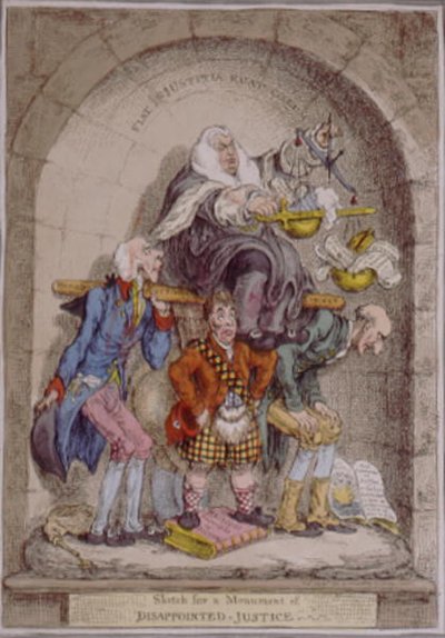 Sketch for a Monument of Disappointed Justice, publicado por Hannah Humphrey em 1806 (gravura colorida à mão) de James Gillray