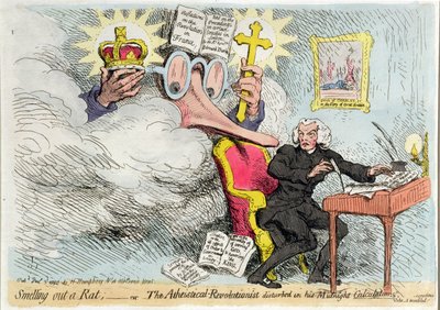 A cheirar um rato, ou The Atheistical-Revolutionist perturbado nos seus "Cálculos da Meia-Noite", publicados por Hannah Humphrey em 1790 (gravura colorida à mão) de James Gillray