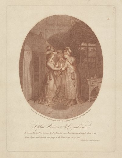 Sophia, Honor e a camareira, cena de Tom Jones por Henry Fielding (1707-54) (gravura de stipple) de James Gillray