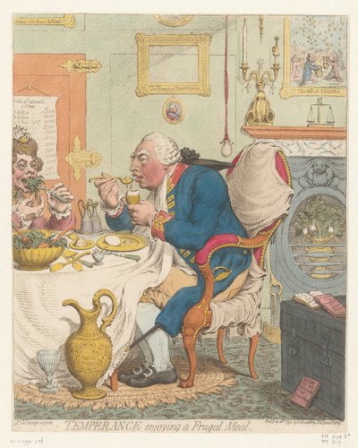 Spotprent op George III, 1792
Temperança a saborear uma refeição frugal (título sobre o objecto) de James Gillray
