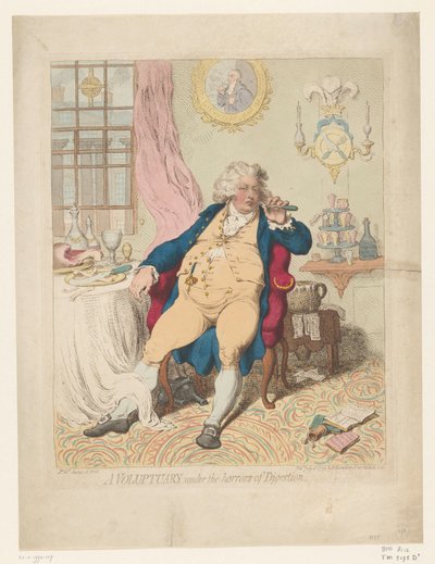 Spotprent em George IV, 1792 A Voluptuary sob os horrores da digestão (título no objeto) de James Gillray