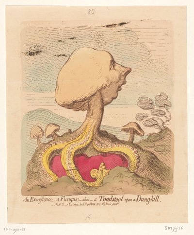 Caricatura de William Pitt, o Jovem, 1791 Uma Excrescência; - um fungo; -alias- um cogumelo venenoso em uma colina de estrume de James Gillray