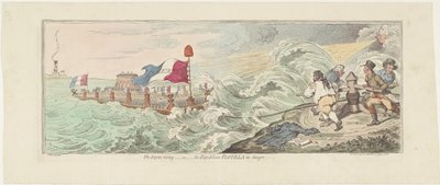 Cartoon dos planos franceses para uma invasão da Inglaterra, 1798 A Tempestade subindo - ou - a Flotilha Republicana em perigo (título no objeto) de James Gillray