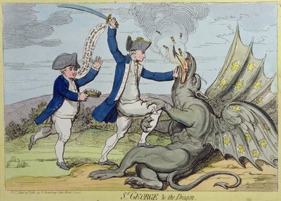 São Jorge e o Dragão, publicado por Hannah Humphrey em 1782 (gravura à mão colorida) de James Gillray