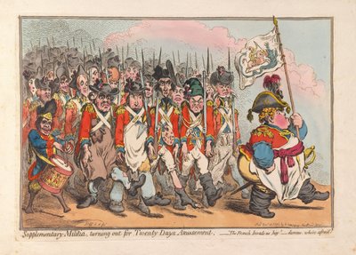 Milícia suplementar, transformando-se em Twenty Days Amusement, pub. 1796 (gravura colorida à mão) de James Gillray