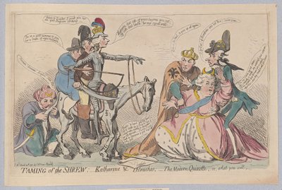 Domesticação da megera: Katherine e Petruchio; The Modern Quixotte, ou o que você quiser, pub. 1791 (gravura colorida à mão) de James Gillray