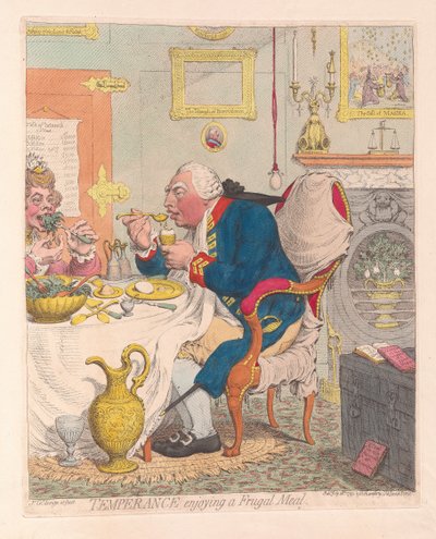 Temeprance desfrutando de uma refeição frugal, pub. 1792 (gravura colorida à mão) de James Gillray