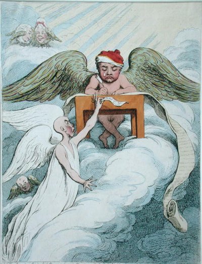 The Accusing Spirit and the Recording Angel, publicado por Hannah Humphrey em 1791 (gravura colorida à mão) de James Gillray