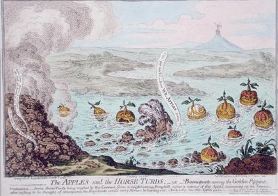 The Apples and the Horse-Turds, ou Buonaparte Among the Golden Pippins, publicado por Hannah Humphrey em 1800 (gravura colorida à mão) de James Gillray