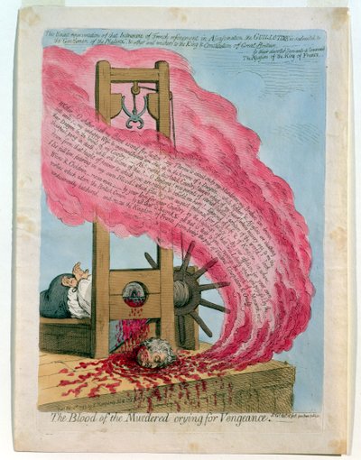 "O sangue dos assassinados clama por vingança", a execução de Luís XVI (1754-93) pela guilhotina, publicado por Hannah Humphrey de James Gillray