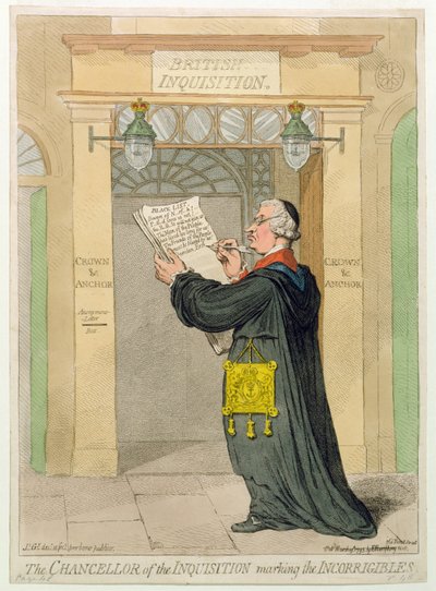 O Chanceler da Inquisição que marca os Incorrigíveis, publicado por Hannah Humphrey em 1793 (gravura à mão colorida) de James Gillray