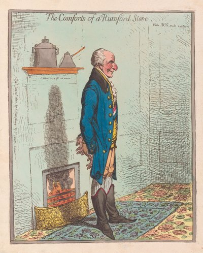 The Comforts of a Rumford Stove, pub 1800 (gravura colorida à mão) de James Gillray