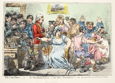 O Cow Pock ou Efeitos Maravilhosos da Nova Inoculação! Vide as publicações da sociedade anti-vacina, pub de H. Humphreys de James Gillray
