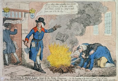 The Crown und Anchor Libel queimado pelo carrasco público, publicado por Hannah Humphrey em 1795 (gravura à mão colorida) de James Gillray