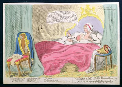 O diabo a pagar: A esposa Metamorphos&39;d, ou Neptune Reposing após Fording the Jordan, publicado por Hannah Humphrey em 1791 (gravura à mão colorida) de James Gillray