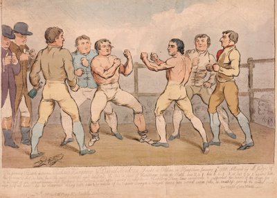 A famosa batalha entre Richard Humphreys e Daniel Mendoza, 9 de janeiro de 1788, pub. 1788 (gravura colorida à mão) de James Gillray