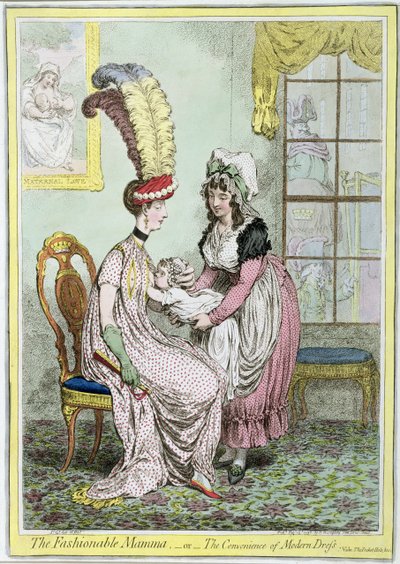 The Fashionable Mamma, ou The Convenience of Modern Dress, publicado em 1796 (gravura colorida) de James Gillray