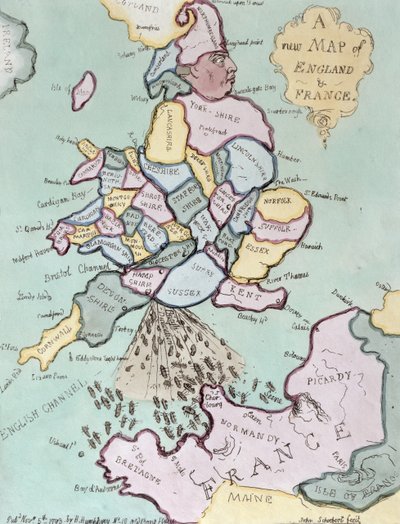 A Invasão Francesa, ou John Bull Bombardeando os Bum-Barcos, publicado por Hannah Humphrey em 1793 (gravura à mão colorida) de James Gillray