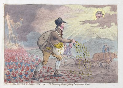 The Generae of Patriotism, ou The Bloomsbury Farmer plantando o Bedfordshire Wheat, pub. 1796 (gravura colorida à mão) de James Gillray