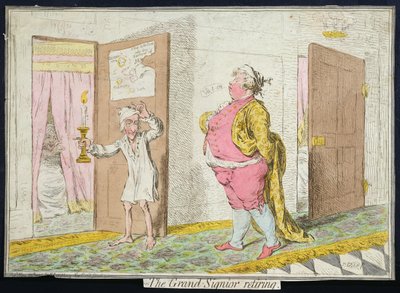 The Grand-Signior Retiring, publicado por Hannah Humphrey em 1796 (gravura à mão colorida) de James Gillray