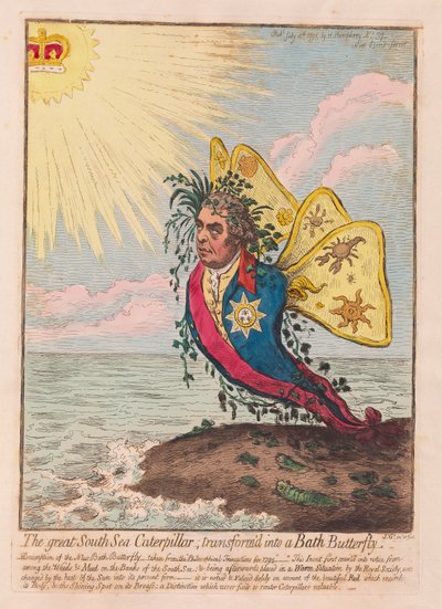 O Great South Sea Caterpillar, transformado em uma borboleta Bath, pub. 1792 (gravura colorida à mão) de James Gillray