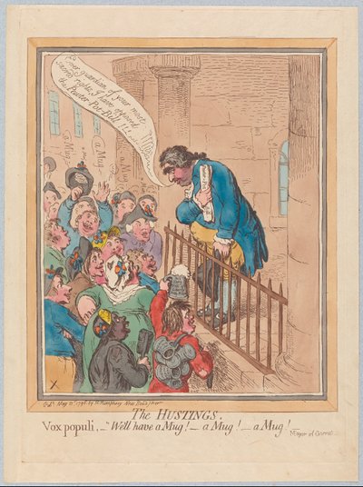 As Hustings Vox Populi bem tem uma caneca! Uma caneca! Uma caneca!, Bar. 1796 (gravura colorida à mão) de James Gillray