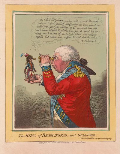 O rei de Brobdingnag e Gulliver, pub. 1803 (gravura colorida à mão) de James Gillray