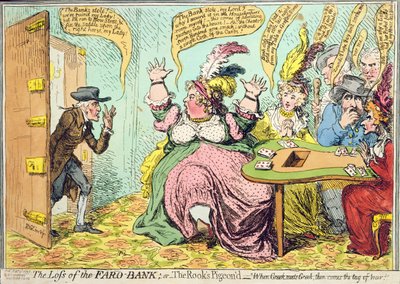 A perda do Banco de Faro, ou The Rook&39;s Pigeon&39;d, publicado por Hannah Humphrey em 1792 (gravura à mão colorida) de James Gillray